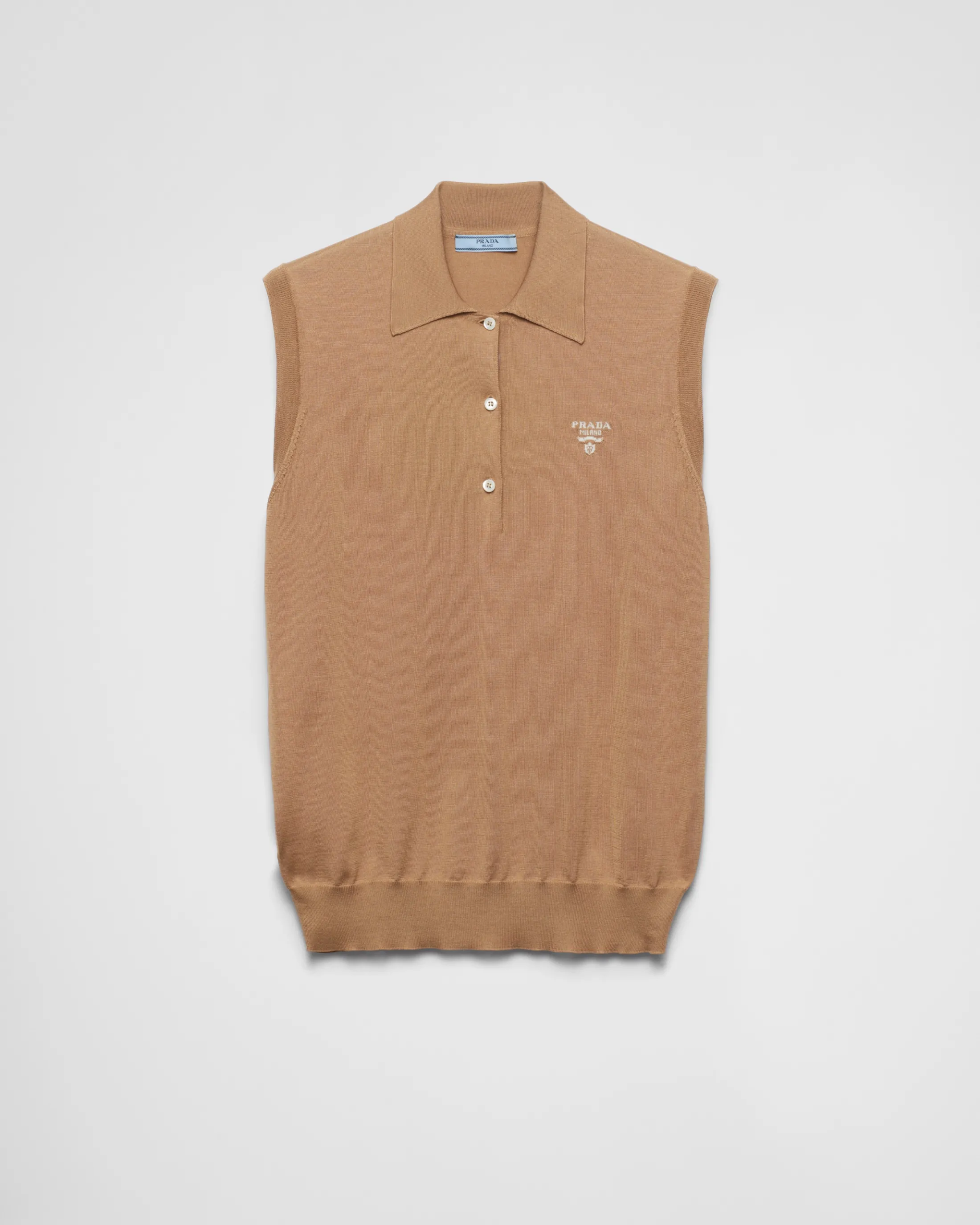 Prada Sleeveless silk polo shirt Camelbrown Shop