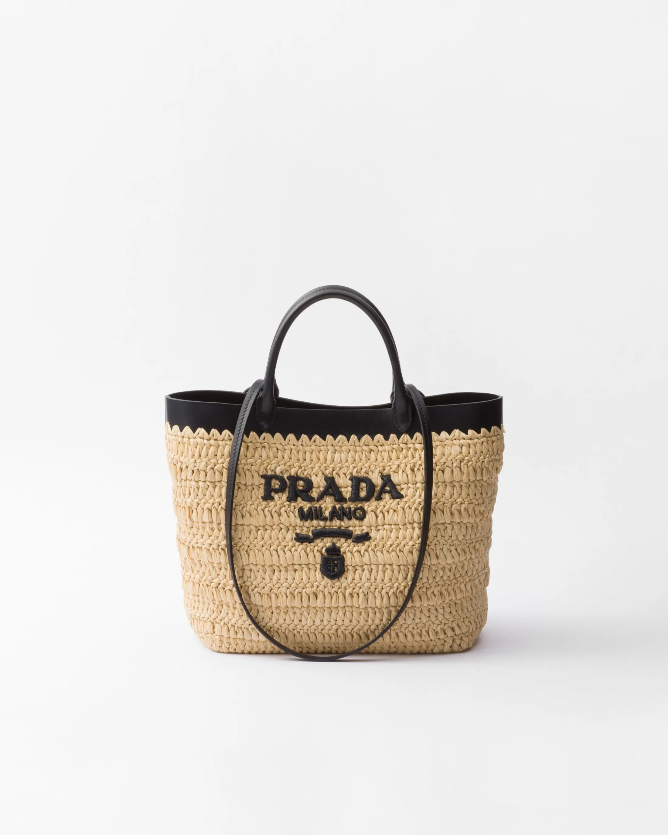 Prada Small crochet and leather tote bag Tan/black Cheap