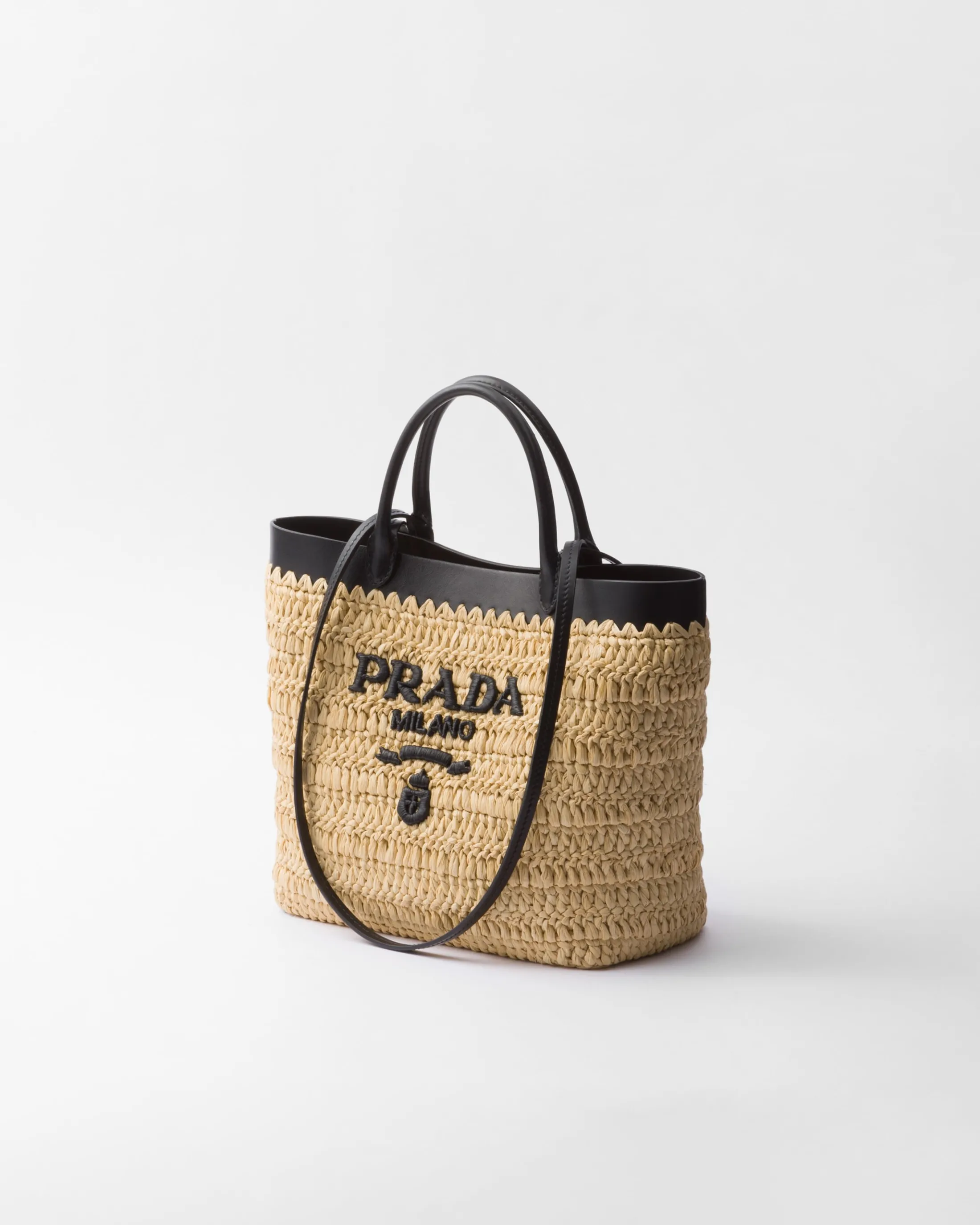 Prada Small crochet and leather tote bag Tan/black Cheap