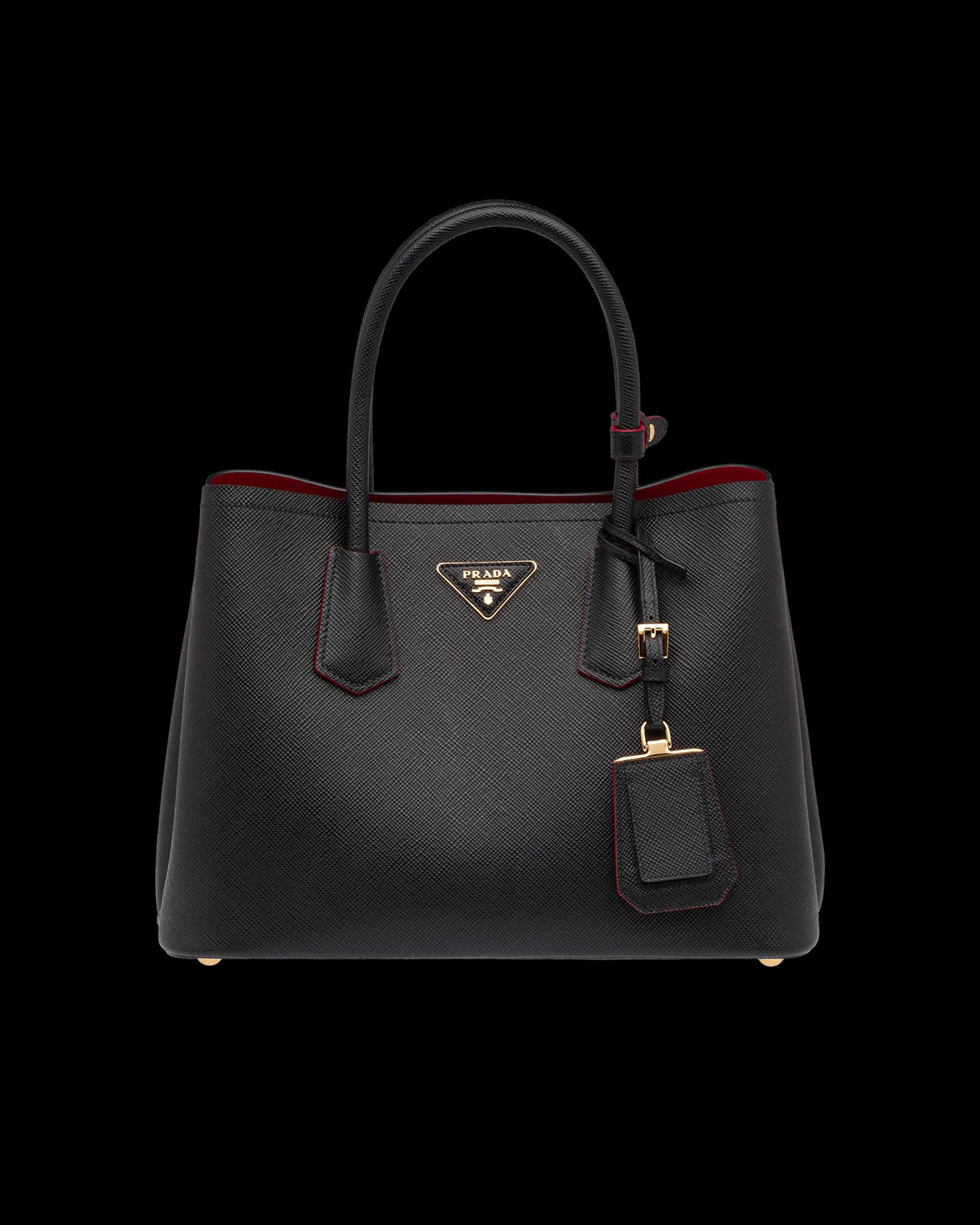 Prada Small Saffiano Leather Double Bag Black/fieryred Hot