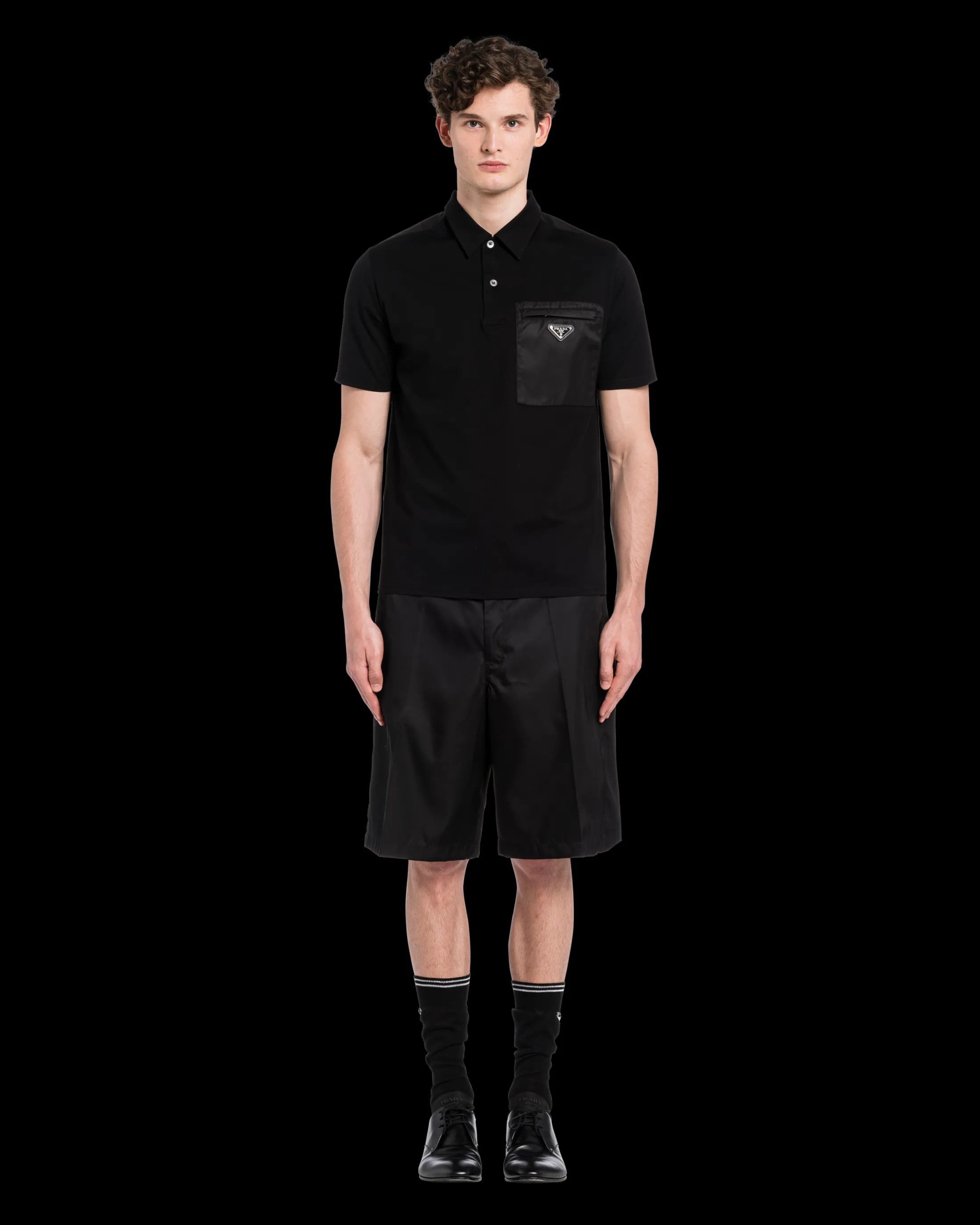 Prada Stretch cotton polo shirt with Re-Nylon details Black/black Clearance