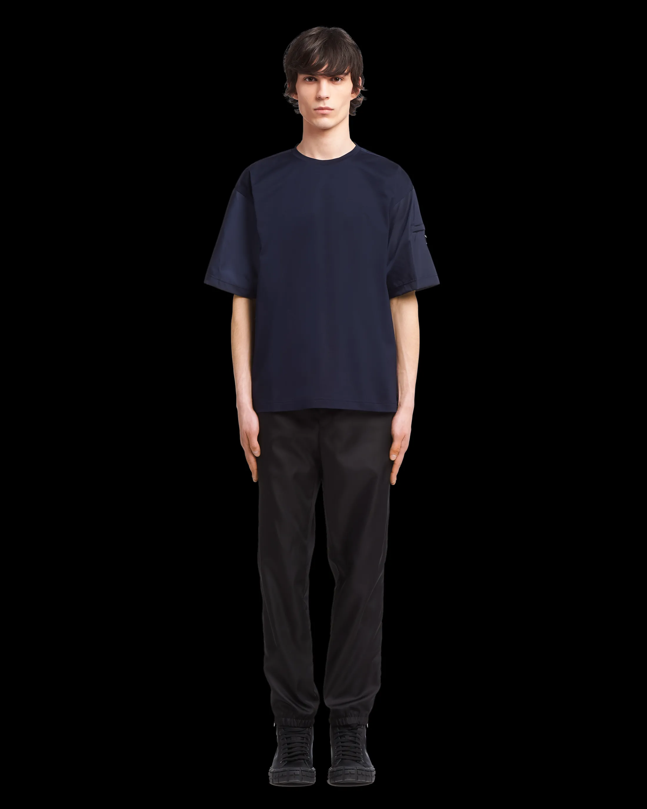 Prada Stretch cotton T-shirt with Re-Nylon details Navyblue/navyblue Flash Sale