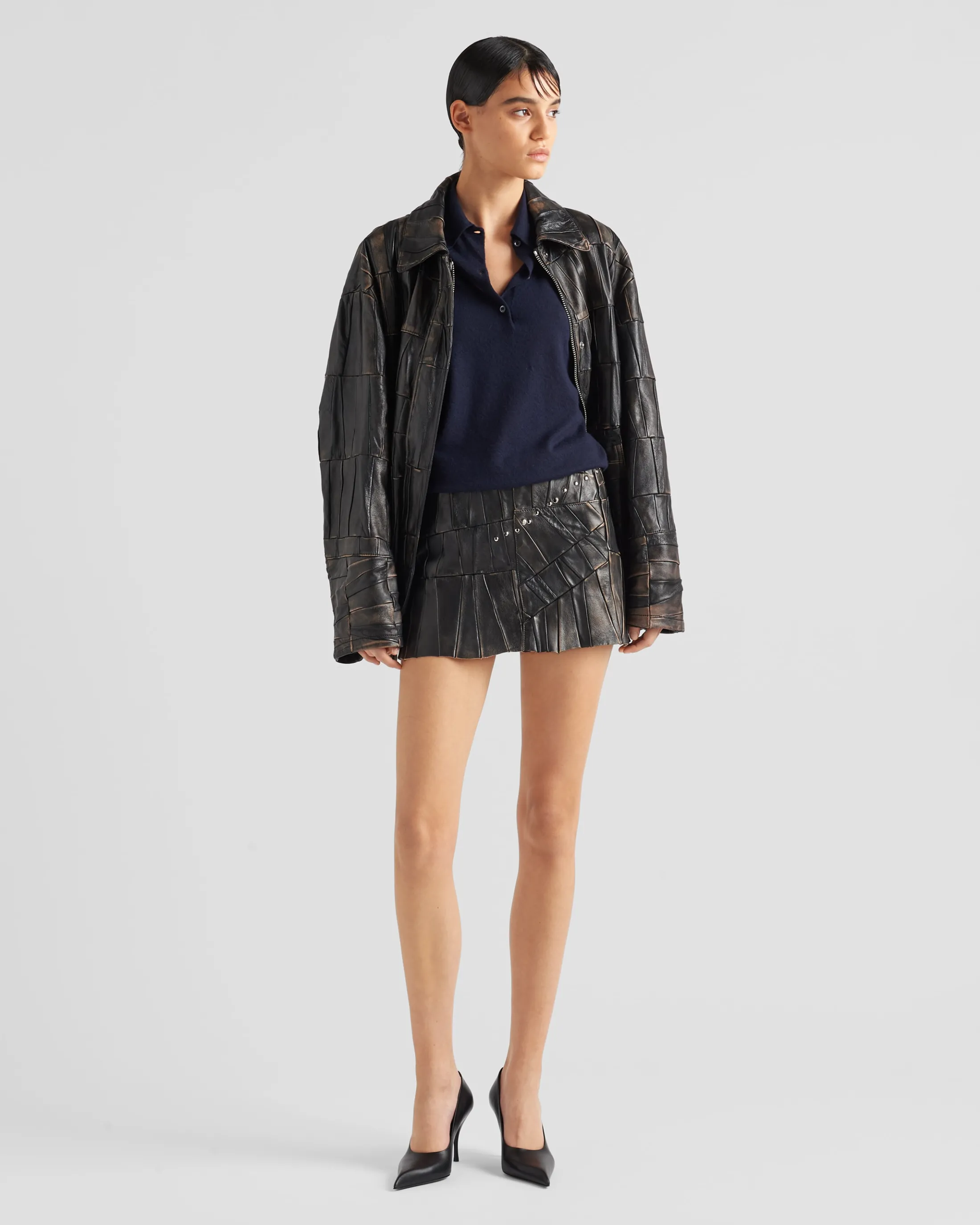 Prada Studded nappa leather patchwork skirt Black Sale