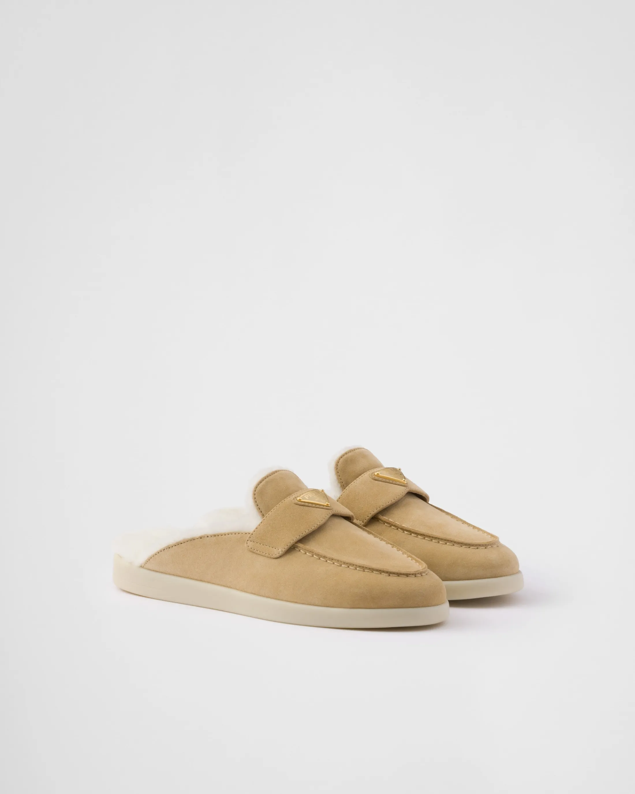 Prada Suede and shearling mules Ecru Flash Sale