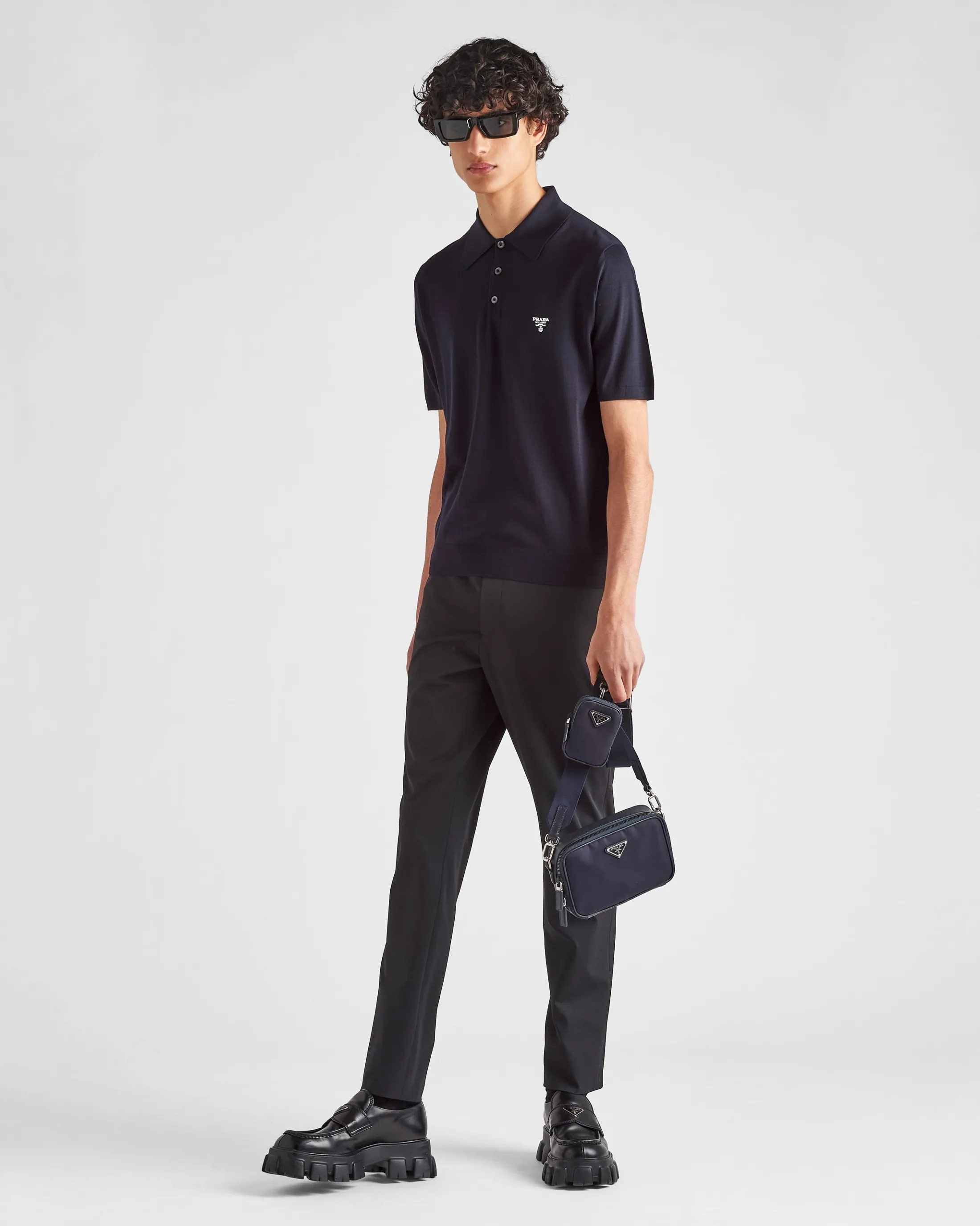 Prada Superfine wool polo shirt Navy Discount