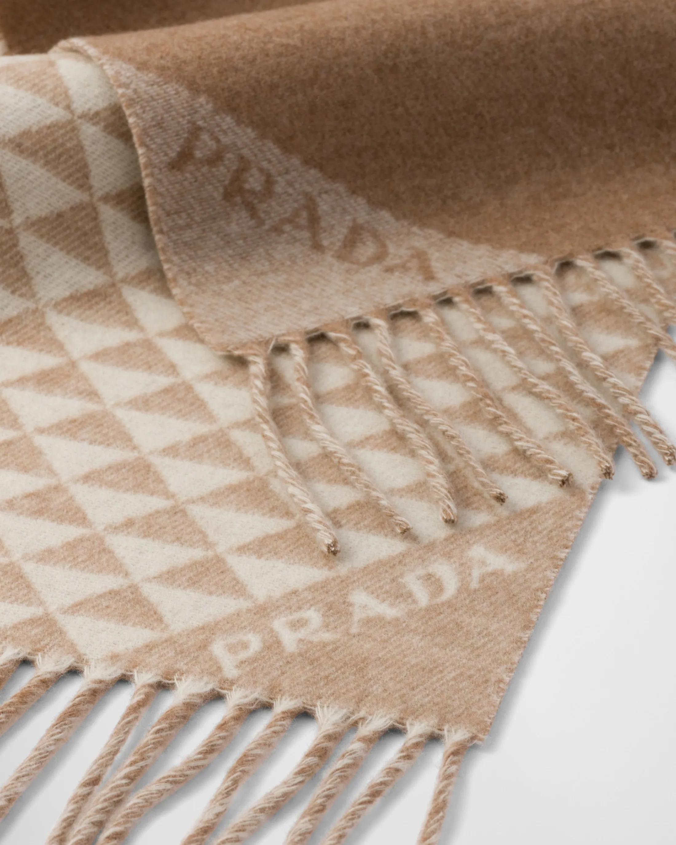 Prada Symbole double wool and cashmere scarf Sand/white Store