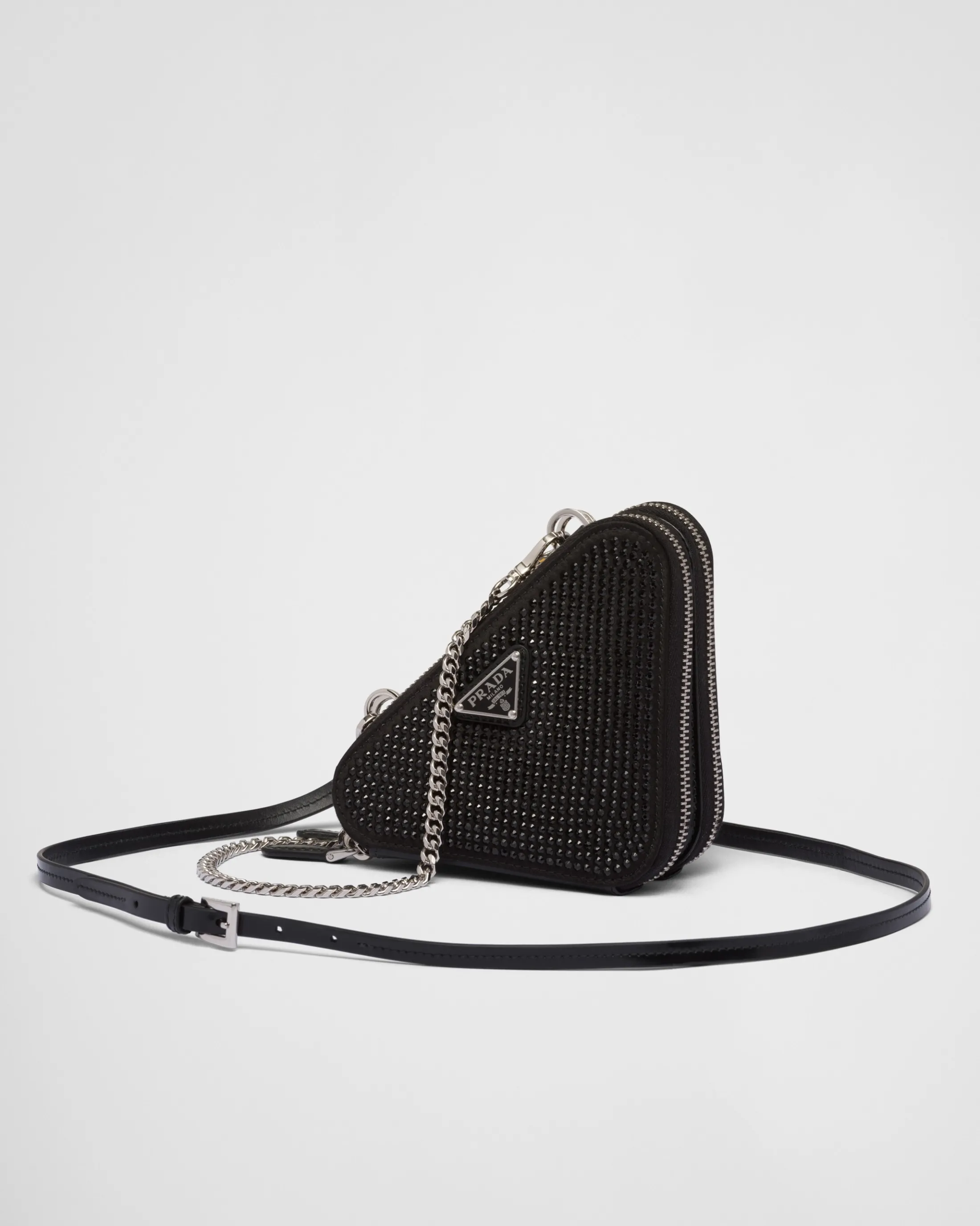 Prada Triangular embellished satin and leather mini-pouch Black Sale