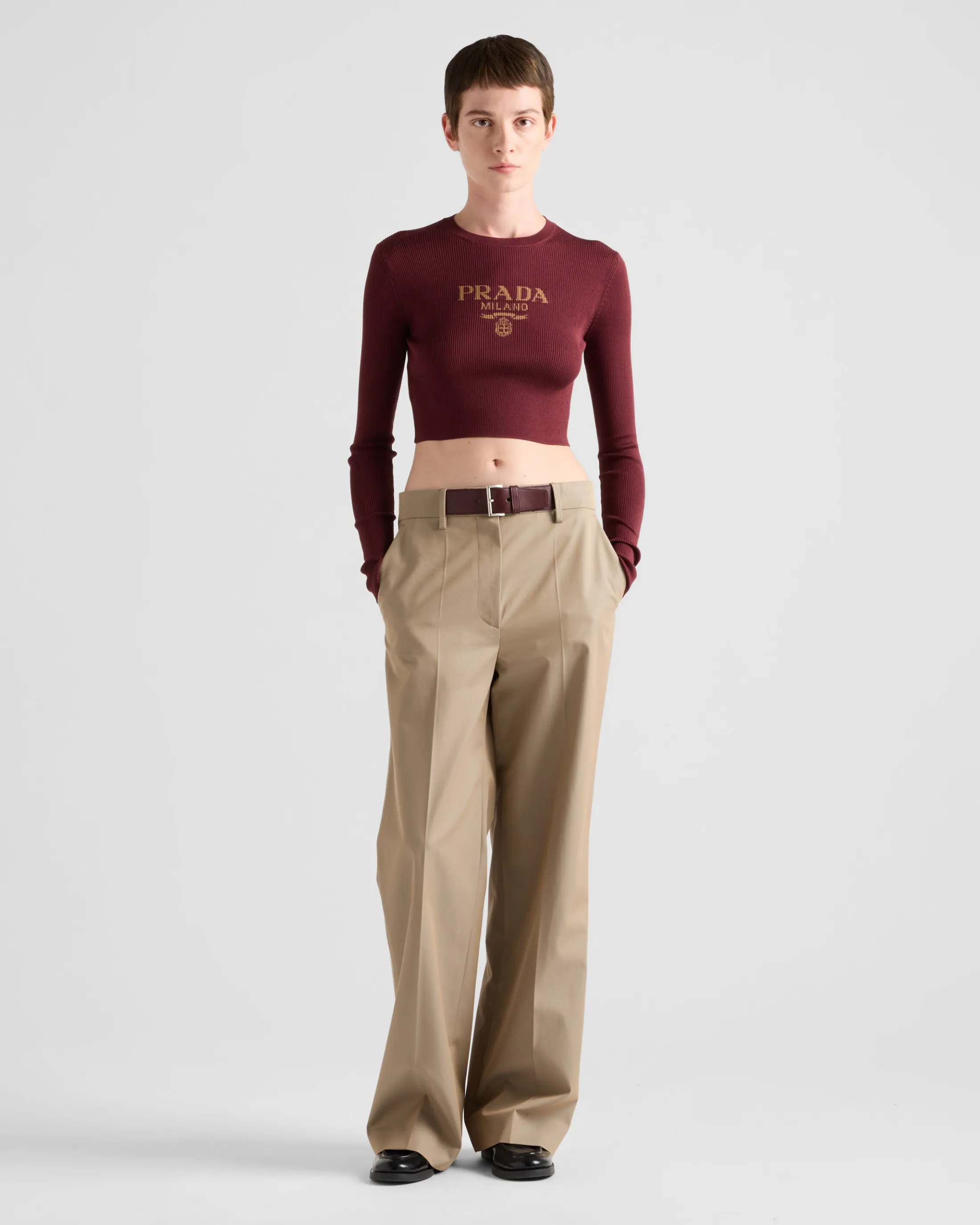 Prada Twill pants with leather belt Beige Flash Sale