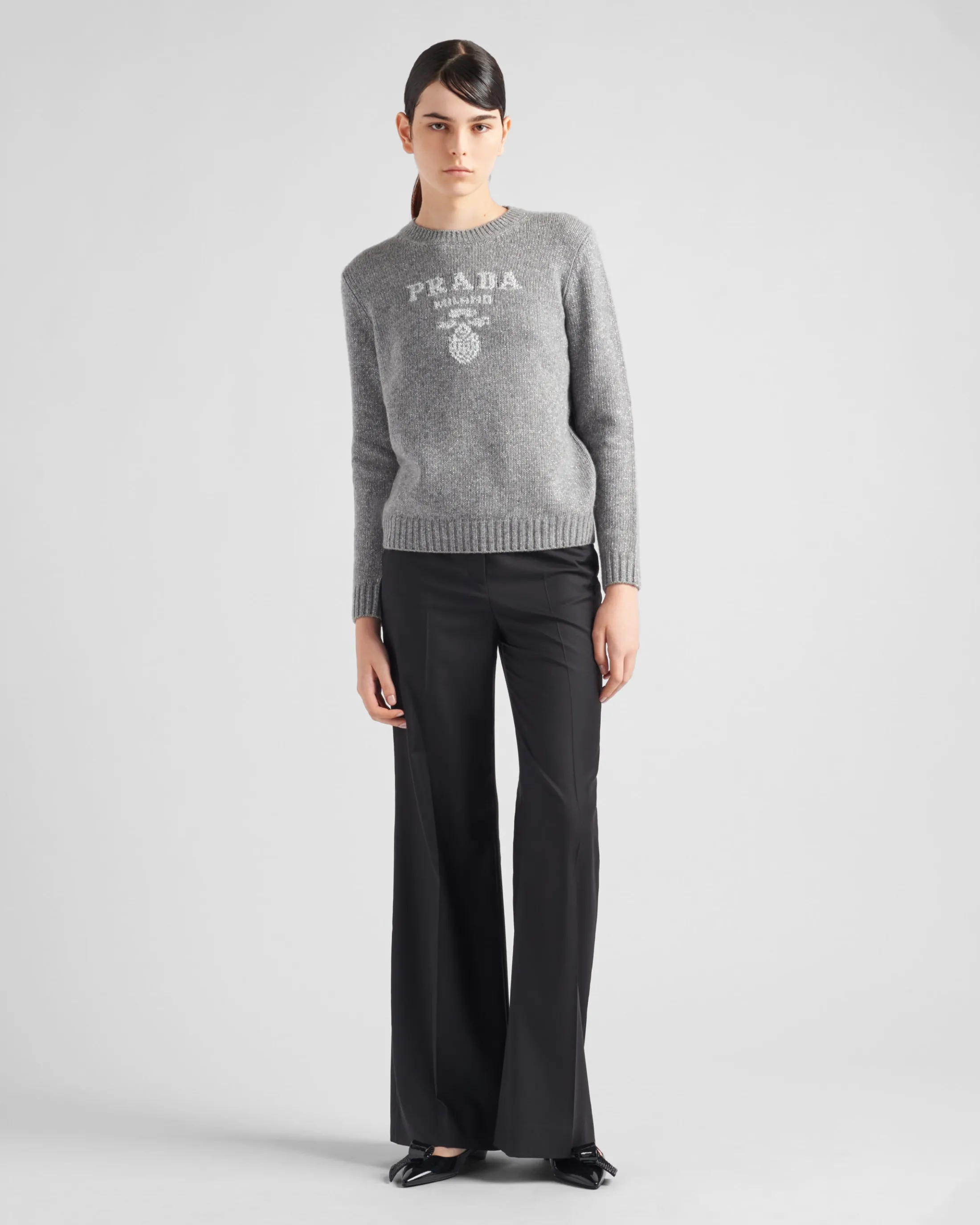 Prada Wool, cashmere and lamé crew-neck sweater Grey/silver Best Sale